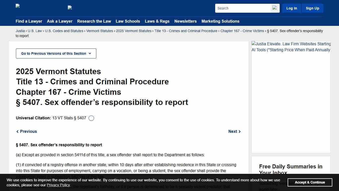 13 Vermont Statutes Annotated § 5407. (2025) - Sex offender’s responsibility to report :: 2025 Vermont Statutes :: U.S. Codes and Statutes :: U.S. Law :: Justia