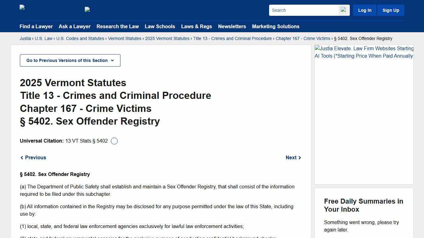 13 Vermont Statutes Annotated § 5402. (2025) - Sex Offender Registry :: 2025 Vermont Statutes :: U.S. Codes and Statutes :: U.S. Law :: Justia
